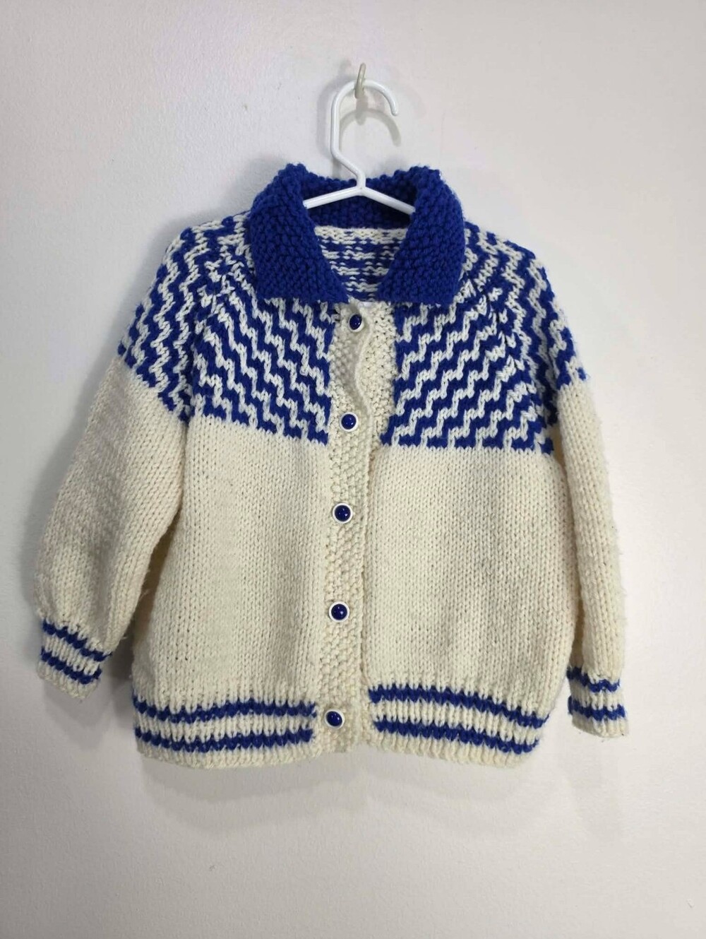 Vintage Kids Chunky Knit Button-Up Cardigan - Blue & Cream
